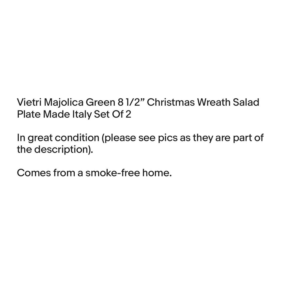 Vietri Majolica Green 8 1/2" Christmas Wreath Salad Plate Made‎ Italy Set Of 2 - Picture 6 of 6